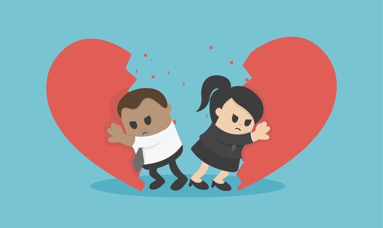 vector cartoon of man and woman looking angry and pushing aside pieces of a broken heart.